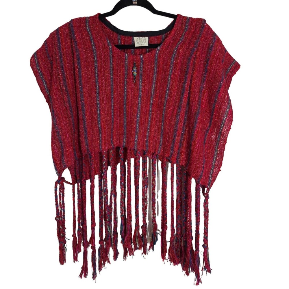 Genie the Weaver Womens Top Red Green Knit Braided Fringe Murano Glass Bead OS